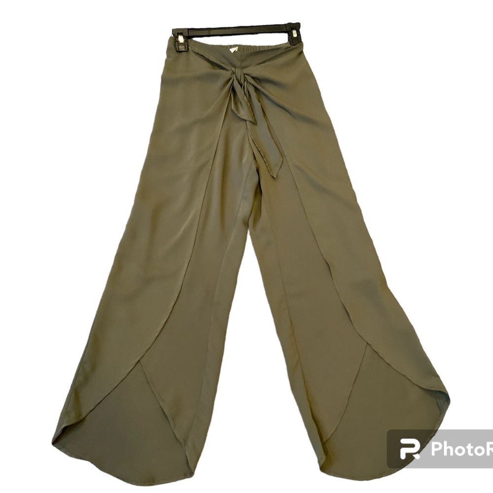 Silky, olive green, tie-waste pants